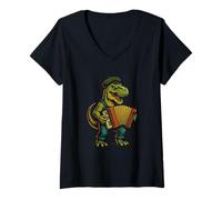 Womens Dinosaur Accordion Player Funny French Dino Music V-Neck T-Shirt