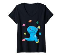 Women's Dinosaur Climbing Wall Rock Climber Bouldering Boulderer V-Neck T-Shirt