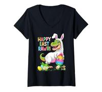 Women's Dinosaur Easter Egg Hunt Bunny T-Rex Dino Happy Easter Day V-Neck T-Shirt