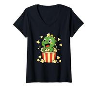 Womens Dinosaur Eating Popcorn Funny Movie Dino Trex V-Neck T-Shirt