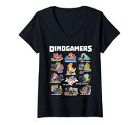 Women's Dinosaur Gamer Dino Gaming Arcade Controller Crew V-Neck T-Shirt