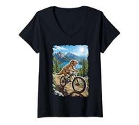 Womens Dinosaur Mountain Biking Through Forest Trail V-Neck T-Shirt