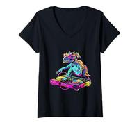 Womens Dinosaur Music DJ Dance Club Turntable DJ Dinosaur DJ Dino V-Neck T-Shirt