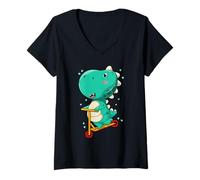 Women's Dinosaur Riding Scooter T-Rex Biker Biking V-Neck T-Shirt