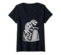 Womens Dinosaur Skeleton in Haunted Forest Fantasy Horror Halloween V-Neck T-Shirt