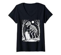 Womens Dinosaur Skeleton in Haunted Forest Fantasy Horror Halloween V-Neck T-Shirt