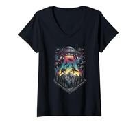 Women's Dinosaur UFO Abduction Funny Alien Retro Sci Fi Design V-Neck T-Shirt