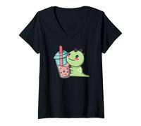 Women's Dinosaur with Bubble Tea Kawaii Cute Funny V-Neck T-Shirt