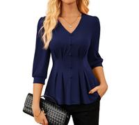 Women's Dirndl Blouse Elegant Business Work Style 3/4 Sleeve Ruffled Top 2026 for Spring/Summer Navy Blue XL