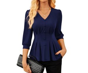 Women's Dirndl Blouse Elegant Business Work Style 3/4 Sleeve Ruffled Top 2026 for Spring/Summer Navy Blue S
