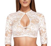 Women's Dirndl Blouse Lace Dirndl Blouse White Costume Blouse for Buttons 3/4 Sleeve Simple Costume Blouses Transparent Elegant Dirndl Blouses Costume Lace Blouse Bavarian Outfit Costume Fashion for