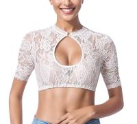 Women's Dirndl Blouse Lace Dirndl Blouse White Costume Blouse for Buttons Short Sleeve Simple Costume Blouses Transparent Elegant Dirndl Blouses Costume Lace Blouse Bavarian Outfit Costume Fashion for