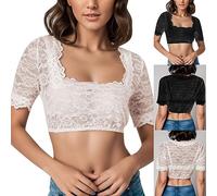 Women's Dirndl Blouse Short Sleeve Dirndl Blouse White Costume Blouse Lace with Square Collar Simple Costume Blouses Elegant Dirndl Blouses Costume Lace Blouse Bavarian Outfit Costume Fashion for