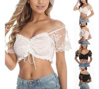 Women's Dirndl Blouse, Women's Off-the-Shoulder Costume Blouse, Women's White Dirndl Blouse, Lace Costume Blouse, Patchwork Lace Blouse, Costume Outfit, Bavarian Costume Fashion for Oktoberfest