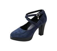 Women's Dirndl Brogue Mary Jane Pumps Block Heel Bow Shoes, blue, 2/2.5 UK