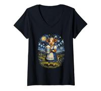 Women's Dirndl Cow Beer Stein Starry Night Oktoberfest Art V-Neck T-Shirt