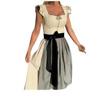 Women's Dirndl Dress with Apron, Traditional Bavarian Costume | ruffle cap sleeves, fitted bodice with decorative brooch, striped apron, black waist tie, Oktoberfest and themed parties
