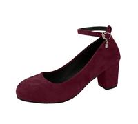 Women's Dirndl Shoes Traditional Shoes - Strappy Pumps with Cross Ankle Strap Leisure Block Heel Closed Pumps for Bavarian Costume Oktoberfest, Wine Red, 4 UK