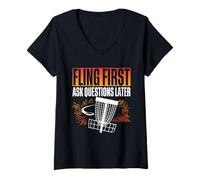 Womens Disc Golf Fling First Ask Questions Later V-Neck T-Shirt