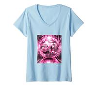 Womens Disco Ball Pink Mirror Ball V-Neck T-Shirt