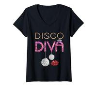 Womens Disco Diva Ladies Disco Gold Ball Silver Red Lips V-Neck T-Shirt