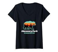 Womens Discovery Park Washington Fishing Summer Bear V-Neck T-Shirt