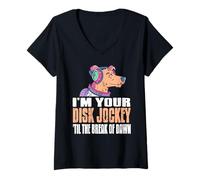 Womens Disk Jockey Dog DJ Break of Dawn Dance Vibes V-Neck T-Shirt