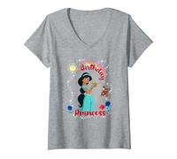 Women's Disney Aladdin Birthday Princess With Jasmine And Abu V-Neck T-Shirt, Heather Grey, Medium