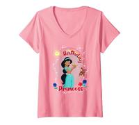 Women's Disney Aladdin Birthday Princess With Jasmine And Abu V-Neck T-Shirt, Pink, Medium