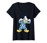 Women's Disney Donald Duck Striped Pajamas Slumber Party PJs Pose V-Neck T-Shirt, Black, Small