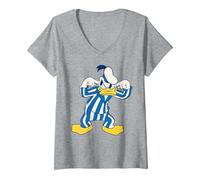 Women's Disney Donald Duck Striped Pajamas Slumber Party PJs Pose V-Neck T-Shirt, Heather Grey, Medium