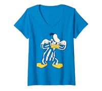 Women's Disney Donald Duck Striped Pajamas Slumber Party PJs Pose V-Neck T-Shirt, Sapphire Blue, Medium