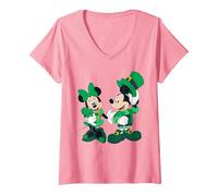 Women's Disney Green Leprechaun Mickey & Minnie St. Patrick's Day V-Neck T-Shirt, Pink, Medium