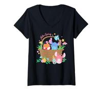 Women's Disney Lilo & Stitch + Angel Aloha Spring Easter Eggs Basket V-Neck T-Shirt