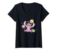 Women's Disney Lilo & Stitch Cute Angel Floral Sparkles Chest Logo V-Neck T-Shirt