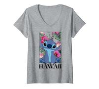 Women's Disney Lilo & Stitch Hawaii Hibiscus Cute Floral Portrait V-Neck T-Shirt, Heather Grey, Medium