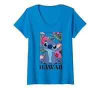 Women's Disney Lilo & Stitch Hawaii Hibiscus Cute Floral Portrait V-Neck T-Shirt, Sapphire Blue, Small