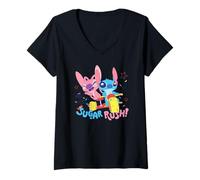 Women's Disney Lilo & Stitch Sugar Rush Angel Stitch Ride Chest Logo V-Neck T-Shirt