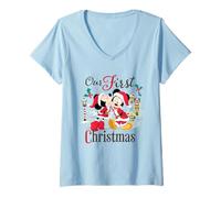 Womens Disney Mickey & Minnie Our First Christmas Holiday Couples V-Neck T-Shirt