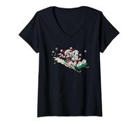 Womens Disney Mickey Mouse and Minnie Sledding For Christmas V-Neck T-Shirt