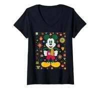 Women's Disney Mickey Mouse Holiday Scandinavian Christmas Collage V-Neck T-Shirt