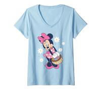 Womens Disney Minnie Mouse Easter Basket Cute Floral Big Chest Logo V-Neck T-Shirt