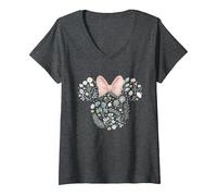 Women's Disney Minnie Mouse Icon Spring Flowers V-Neck T-Shirt, Dark Heather Grey, Medium