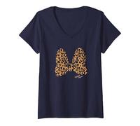 Women's Disney Minnie Mouse Leopard Print Bow V-Neck T-Shirt, Navy Blue, XX-Large