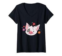 Womens Disney Moana 2 Big Face Pua Tropical Flowers Cute Costume V-Neck T-Shirt