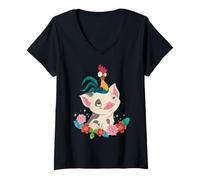 Womens Disney Moana HeiHei Rooster Pua Flowers V-Neck T-Shirt