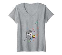 Women's Disney Pocahontas Meeko Flit Colorful Leafs Fall V-Neck T-Shirt, Heather Grey, Medium