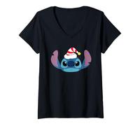 Womens Disney Stitch Christmas Santa's Elf Hat Holiday Big Face V-Neck T-Shirt