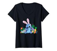 Women's Disney Stitch Easter Bunny Ears & Eggs Tropical Spring Pals V-Neck T-Shirt