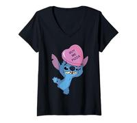 Womens Disney Stitch Funny Valentine's Day "Buy Me Pizza" Heart V-Neck T-Shirt